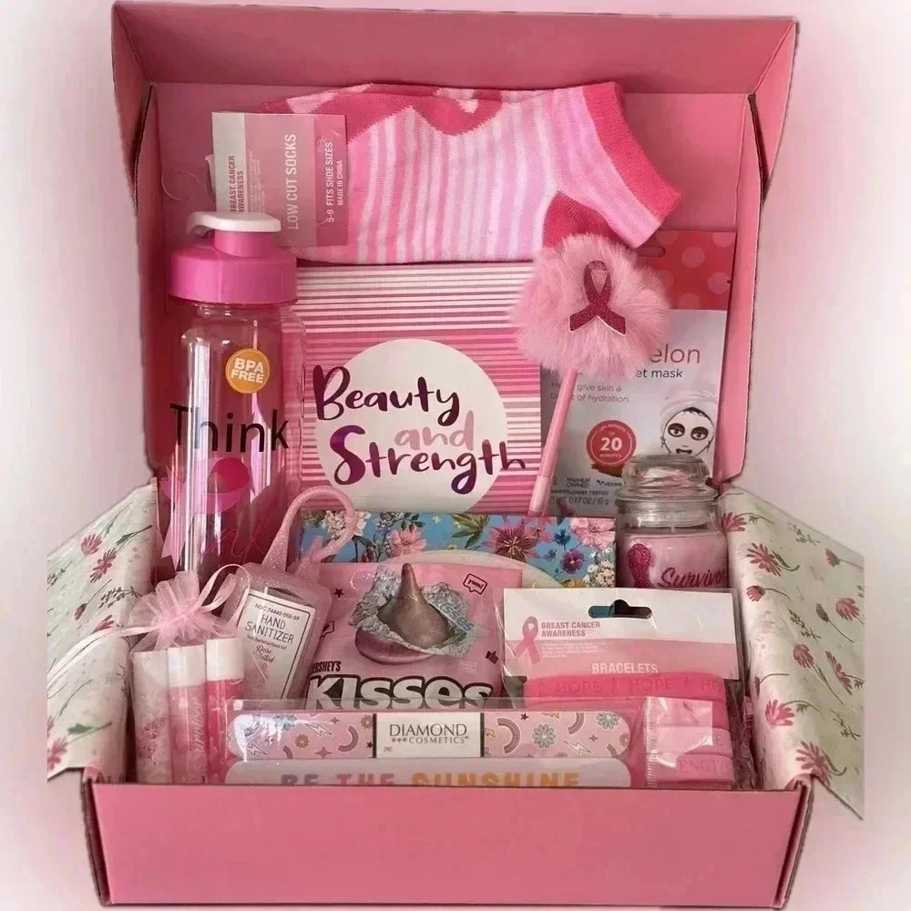Breast Cancer Gift Box with 15 breast cancer items that will brighten he…